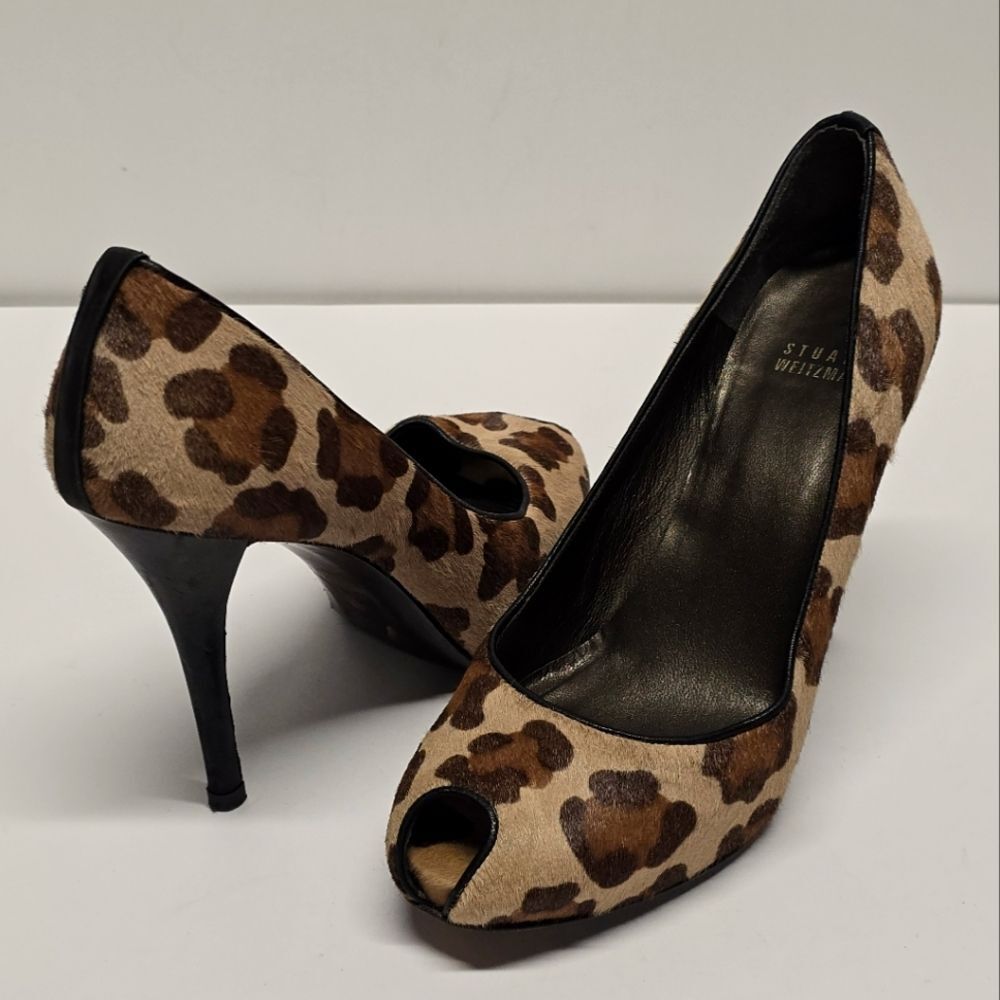 Stuart Weitzman Leopard Peep Toe Pumps Heels Cal Hair Leather 7.5